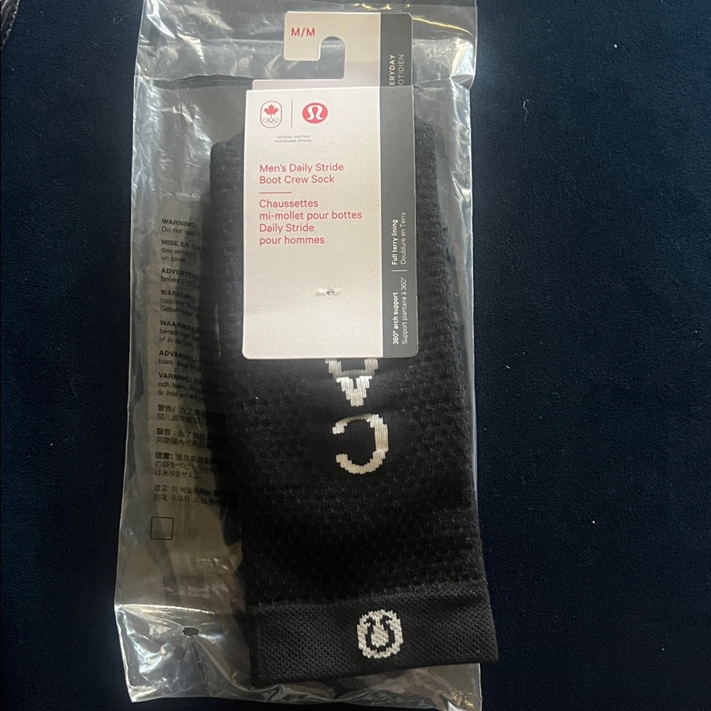 lululemon athletica Men's Daily Stride Boot Crew Socks - Black with White Logo